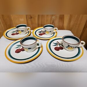 Vtg Stangl Pottery 8 PC Sandwich, Dessert, Snack Plates W/ Cups Fruit Pattern